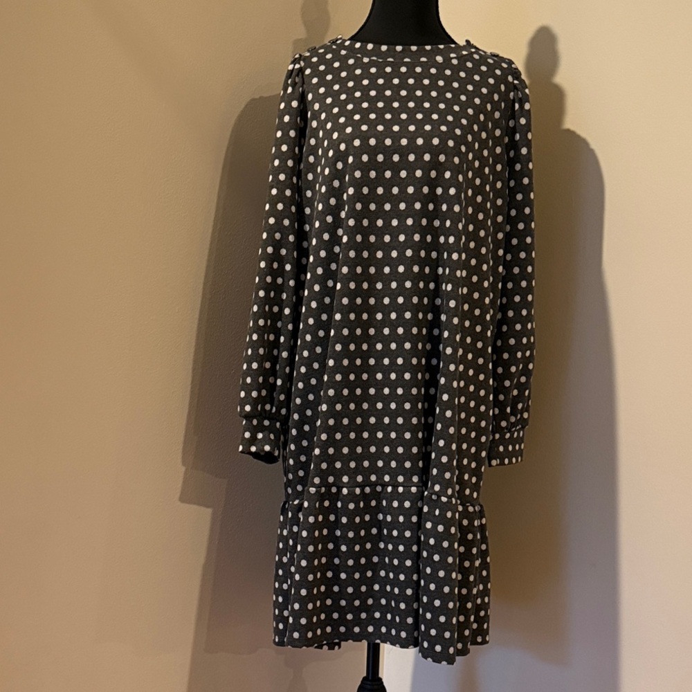 LOFT Charcoal and White Polka Dot Long Sleeve Dress